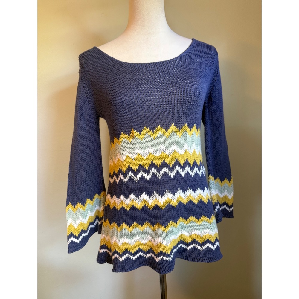 Wooden Ships Paol Blue Chevron Zigzag Knit Sweater S/M boho Y2K whimsi cozy prep